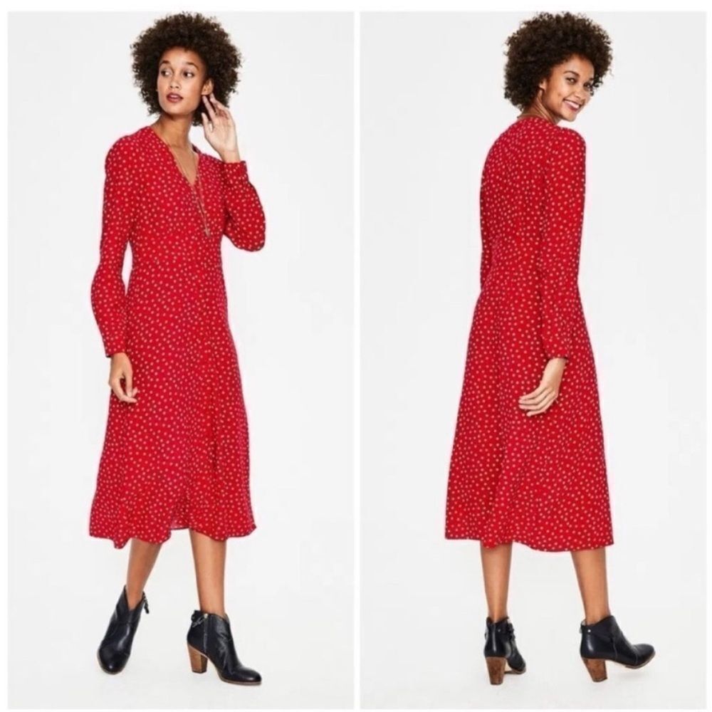 BODEN Elsie Button Red Polka Dot Poinsettia Midi Dress NWT